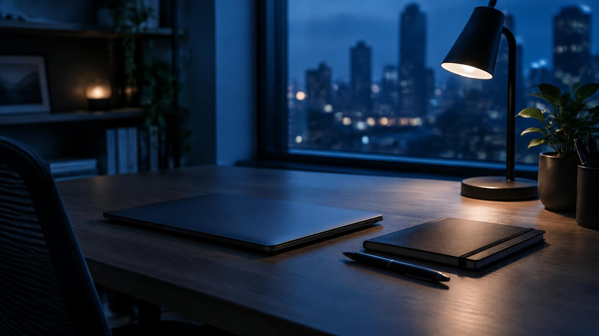 Dark blue office desk with laptop and notebook in evening light
