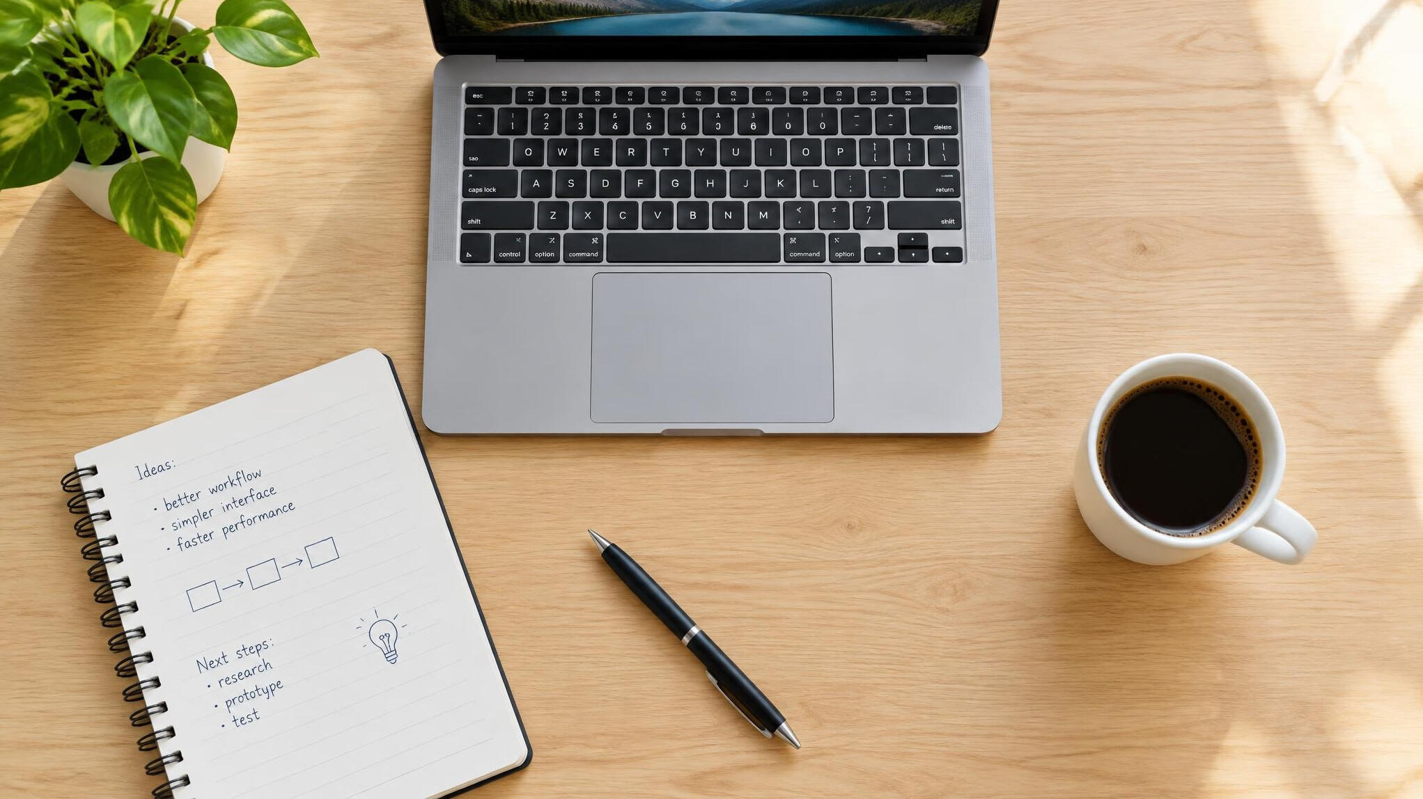 Open laptop with handwritten notes and coffee cup on wooden desk